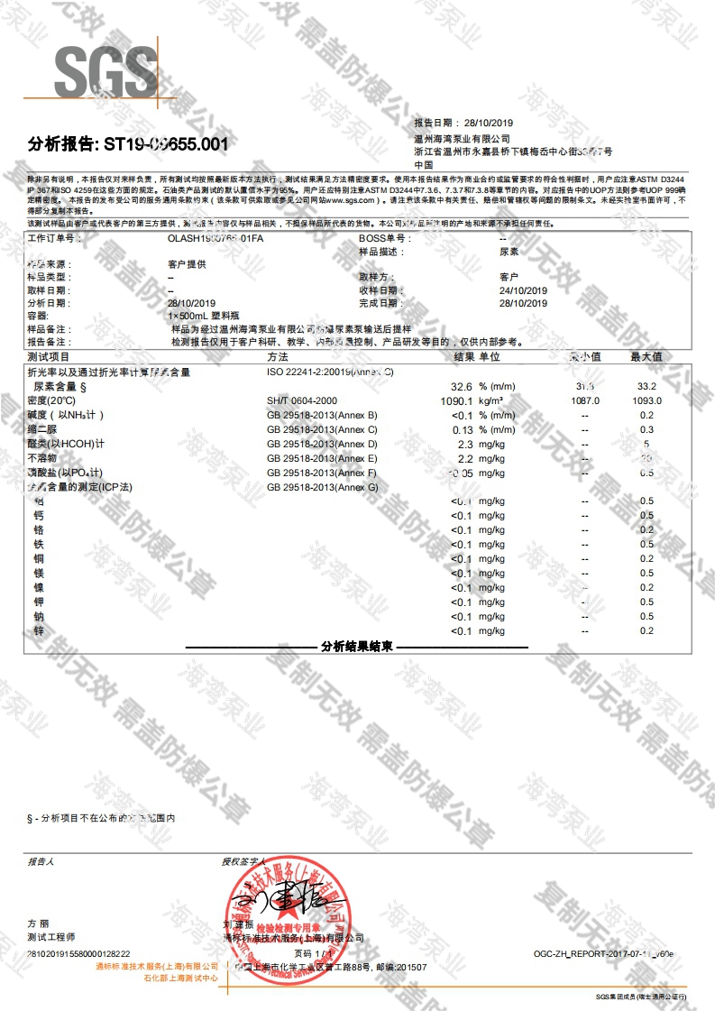 防爆尿素泵SGS分析報(bào)告